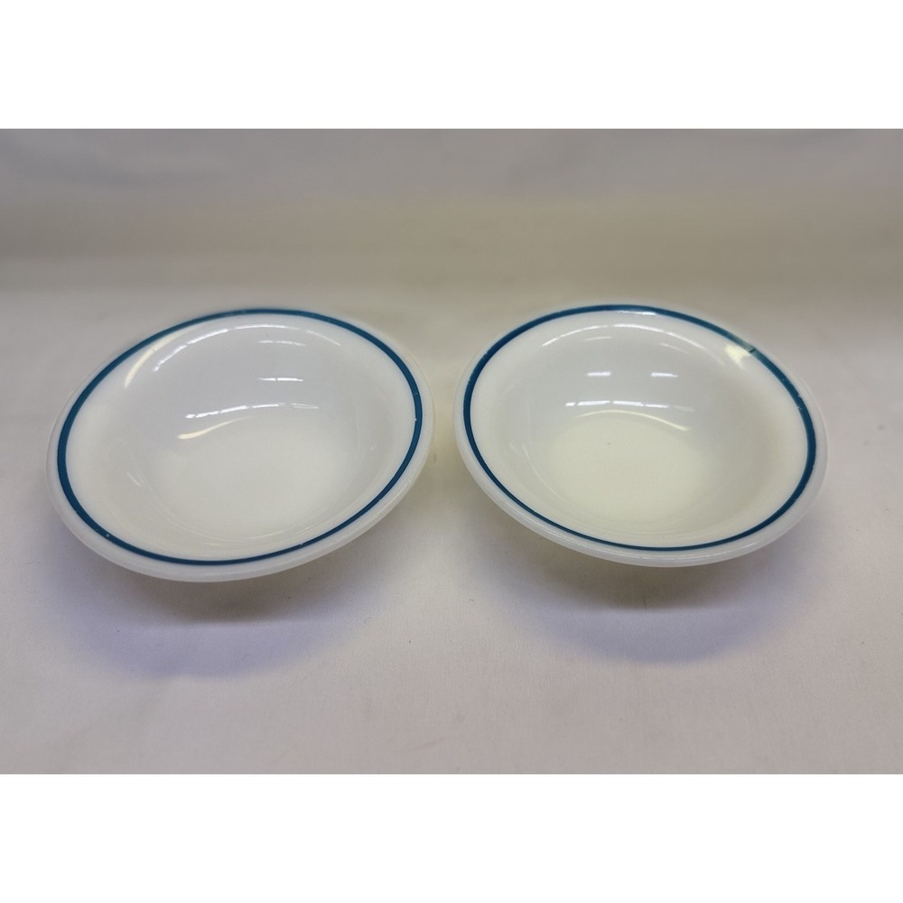 Corning Decor Milk Glass Bowls White w/ Teal Rim Set of 2 USA